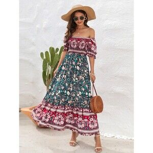 BOHIQ Floral Tiered MAXI Dress Sz XL Cottagecore Peasant Red Ruffle Sleeves